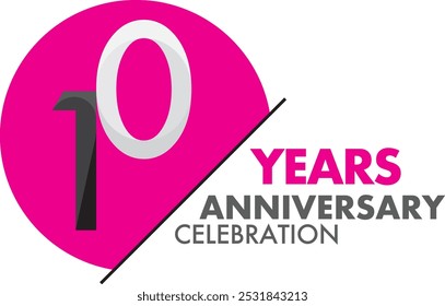Número blanco y negro de estilo de logotipo de celebración de aniversario de 10 años en color rosa círculo, aislado sobre fondo blanco.