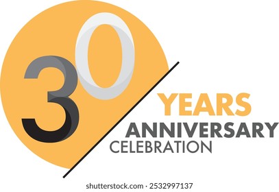 black and white number of 30 years anniversary celebration logo style in orange circle color, isolated on white background.