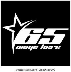 Black and white number 65 design, star shape illustration, cool racing icon.