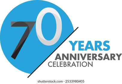 black and white number of 70 years anniversary celebration logo style in blue circle color, isolated on white background.