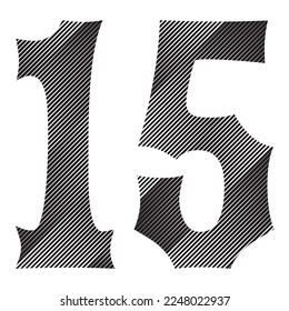 Black And White Number Fifteen Vector Illustration. Number 15 Isolated On A White Background
