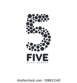 Black and white number five logo template made of circles, vector illustration isolated on white background. Black and white number five graphic logotype formed by bubbles or round shapes