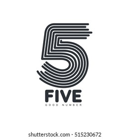 Black and white number five logo template formed by repeating lines, vector illustration isolated on white background. Black and white number five graphic logotype