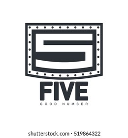 Black and white number five logo template in form of metal plate fixed by screw, vector illustration isolated on white background. Black and white number five broadcasting, television graphic logotype