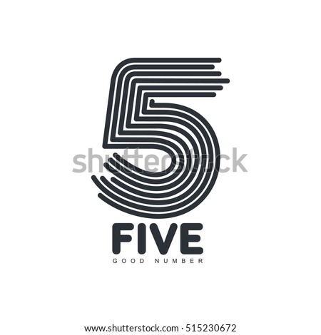 Black and white number five logo template formed by repeating lines, vector illustration isolated on white background. Black and white number five graphic logotype