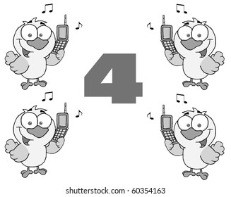 Black And White Number Four With Calling Birds Holding A Cell Phones