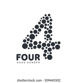 Black and white number four logo template made of circles, vector illustration isolated on white background. Black and white number four graphic logotype formed by bubbles or round shapes