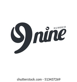 Black and white number nine abstract logo template with hand writing imitation, vector illustration isolated on white background. Black and white number nine graphic logotype