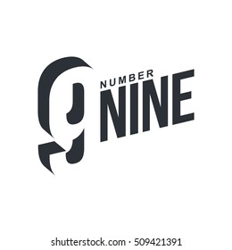 Black and white number nine diagonal logo template, vector illustrations isolated on white background. Graphic logo with diagonal logo with number nine