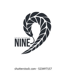 Black and white number nine logo template formed by wheat ear, vector illustration isolated on white background. Black and white number nine graphic logotype for farm, organic products