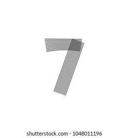 Black and white number seven logo template formed by repeating lines, vector illustration isolated on white background. Black and white number seven graphic logotype