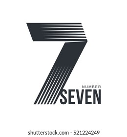 Black and white number seven logo template formed by repeating lines, vector illustration isolated on white background. Black and white number seven graphic logotype