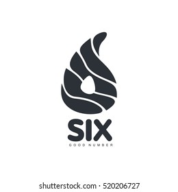 Black and white number six abstract logo template, vector illustration isolated on white background. Black and white number six graphic logotype made of soft abstract shapes