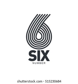 Black and white number six logo template formed by repeating lines, vector illustration isolated on white background. Black and white number six graphic logotype