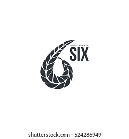Black and white number six logo template formed by wheat ear, vector illustration isolated on white background.
