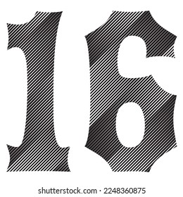 Black And White Number Sixteen Vector Illustration. Number 16 Isolated On A White Background
