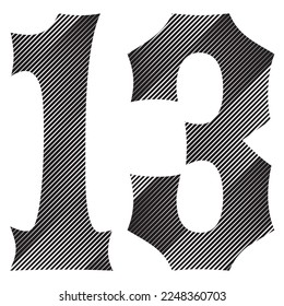 Black And White Number Thirteen Vector Illustration. Number 13 Isolated On A White Background
