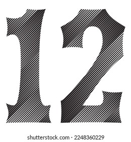 Black And White Number Twelve Vector Illustration. Number 12 Isolated On A White Background
