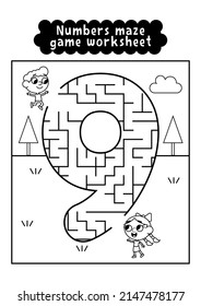 Black and white numbers maze game worksheet for preschool kids. Numbers labyrinth game. Numbers learning exercises.