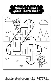 Black and white numbers maze game worksheet for preschool kids. Numbers labyrinth game. Numbers learning exercises.