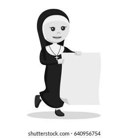black and white nun holding big paper black and white style