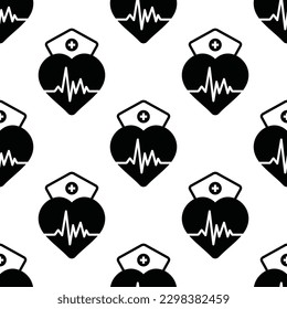 Black and white nurse heartbeat icon seamless pattern for International Nurses Day celebration. CMYK color mode ready to print.