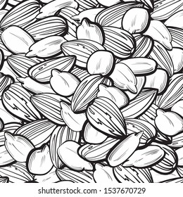 Black and white nut and seed seamless pattern - hand drawn background for food themed coloring book or wallpaper, detailed sunflower seed, almond, hazelnut vector illustration