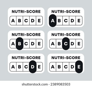 Black and white Nutrition Label indicator from (grade A) to (grade E) on white background. Nutri-Score system sign for packaging design. Vector illustration 