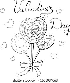 Black and white objects isolated on white backround. Сard for
Valentine's Day contains lettering, lollipop, hearts 