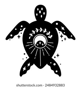 Black and white ocean animal. Boho turtle clipart in flat style. Celestial Sea animal clipart. Hand drawn vector illustration