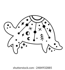 Black and white ocean animal. Boho turtle clipart in flat style. Celestial Sea animal clipart. Hand drawn vector illustration