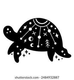Black and white ocean animal. Boho turtle clipart in flat style. Celestial Sea animal clipart. Hand drawn vector illustration