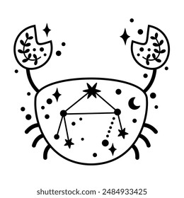 Black and white ocean animal. Boho crab clipart in flat style. Celestial Sea animal clipart. Hand drawn vector illustration