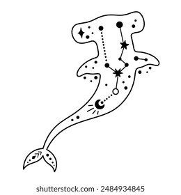 Black and white ocean animal. Boho hammerhead clipart in flat style. Celestial Sea animal clipart. Hand drawn vector illustration