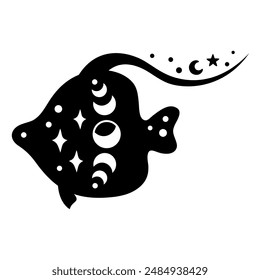 Black and white ocean animal. Boho fish clipart in flat style. Celestial Sea animal clipart. Hand drawn vector illustration