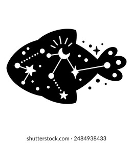 Black and white ocean animal. Boho fish clipart in flat style. Celestial Sea animal clipart. Hand drawn vector illustration