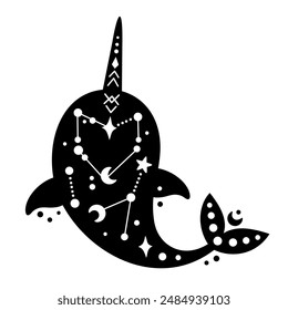 Black and white ocean animal. Boho narwhal clipart in flat style. Celestial Sea animal clipart. Hand drawn vector illustration