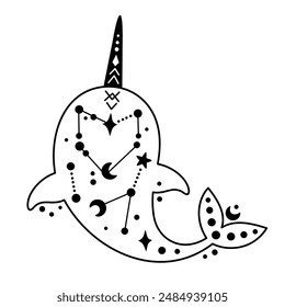 Black and white ocean animal. Boho narwhal clipart in flat style. Celestial Sea animal clipart. Hand drawn vector illustration