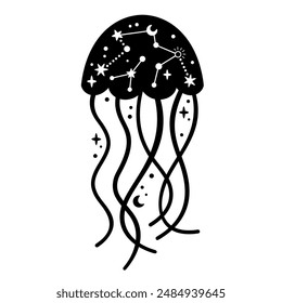 Black and white ocean animal. Boho Jellyfish clipart in flat style. Celestial Sea animal clipart. Hand drawn vector illustration