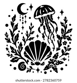 Black and white ocean stencil art featuring jellyfish, seashell, seaweed, moon, and floral elements in a bold botanical composition.