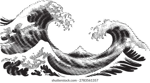 Black and white ocean waves with halftone effect, vintage pop art Japanese style illustration on transparent background.