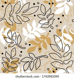 silueta blanca y ocre negra y hojas y puntos lineales vectoriales coloridos sin costura en fondo beige
