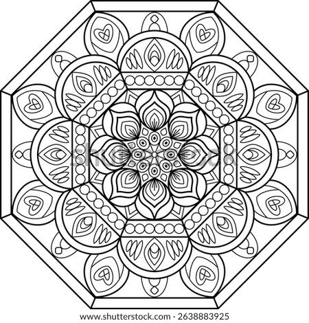 Black and white Octagonal Mandala with intricate, flowing patterns. Ideal for digital projects, coloring, or decorative use