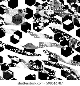 Black and white. Octagons and spots. Organic and geometric elements.