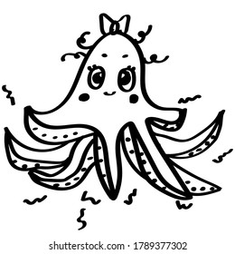 Black and white octopus. Octopus with a bow. Octopus girl.