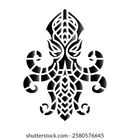 Black and white octopus design with symmetrical tribal patterns and flowing lines, ideal for tattoos, logos, or creative artwork. Symmetrical Tribal Octopus Tattoo Design