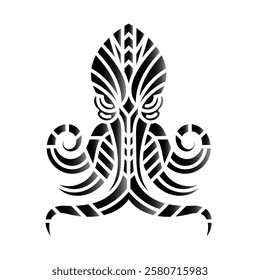 Black and white octopus illustration featuring sleek tribal lines and curved patterns, ideal for tattoos, logos, or creative designs. Stylized Tribal Octopus with Curved Patterns