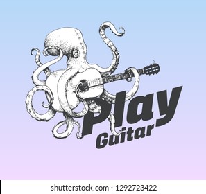 Black and white Octopus playing guitar on gradient background for poster designs and restaurant identities. Cool and modern hand drawn vector illustration isolated on colorful background.