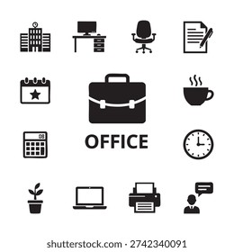 Black and white office arranged around the word office with desk chair and other