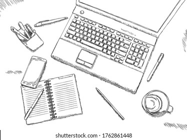 Black and white office desk drawing stock illustration